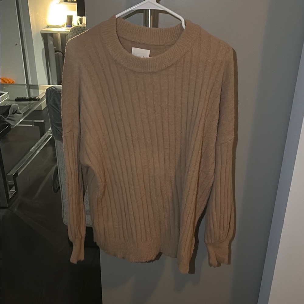 Aerie Tan Crew Neck Ribbed Sweater